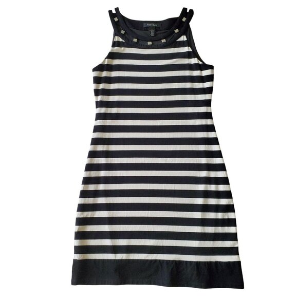 WHBM Sleeveless B & W Striped Silver Studded Cutout Neckline Shift Dress XS - Picture 6 of 15